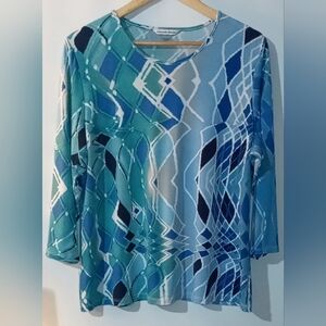 Allison Daley Large Blue Teal Abstract Geometric Blouse 3/4 Sleeve Knit Top L